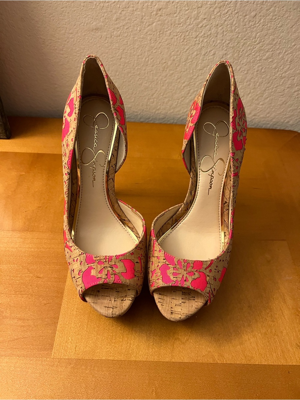Jessica Simpson Pink Floral Cork Peep-Toe Heels